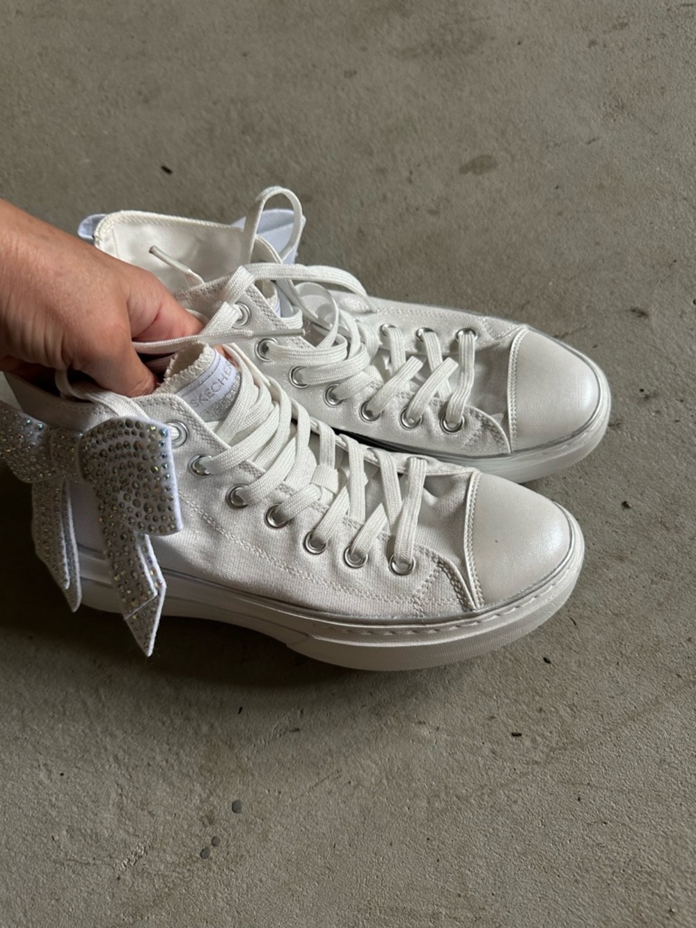 Skechers White High-Top Sneakers with Rhinestone Bow Accent